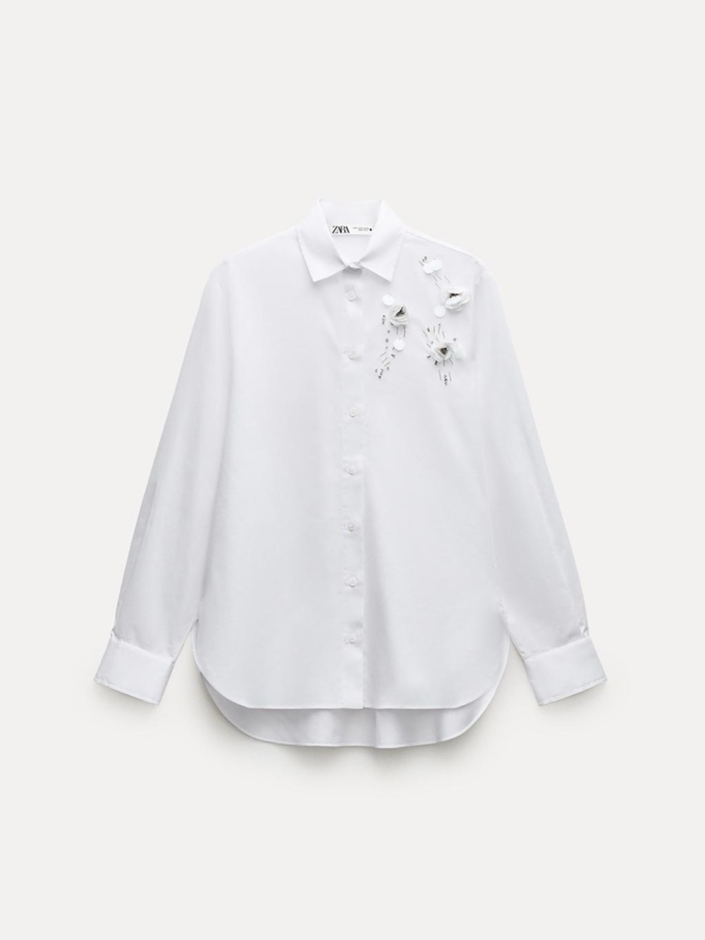 Zara ZW Collection White Blouse Floral Appliqué V Neck Button Down Statement Top